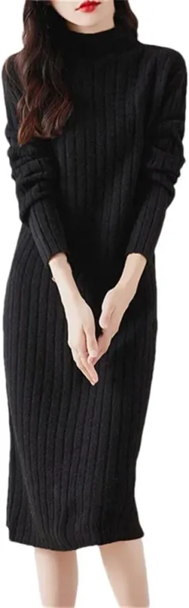 Women's Wool Knit Dress Long Sleeve Turtleneck Solid Straight Midi Sweaters Dresses