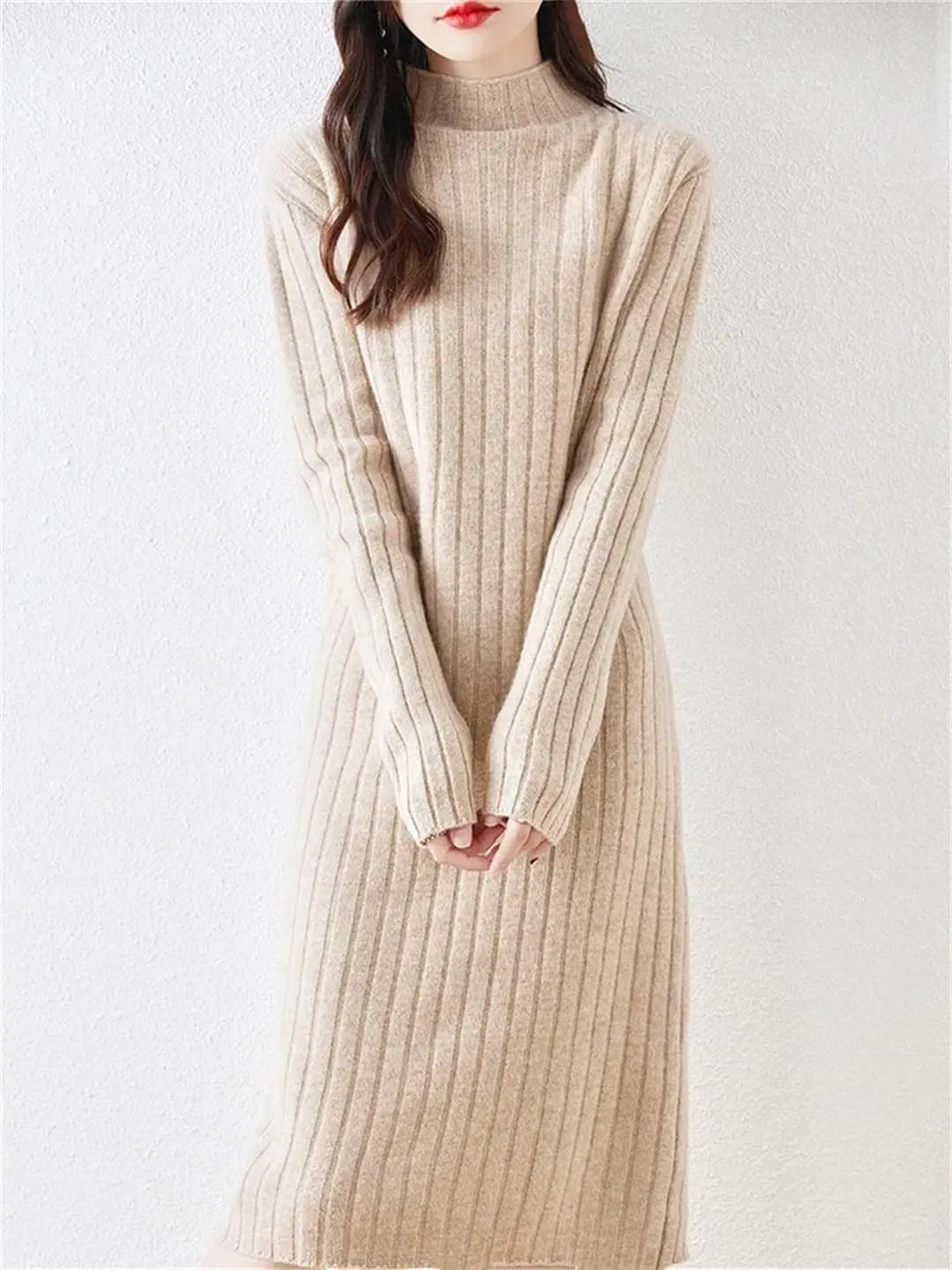 Women's Wool Knit Dress Long Sleeve Turtleneck Solid Straight Midi Sweaters Dresses