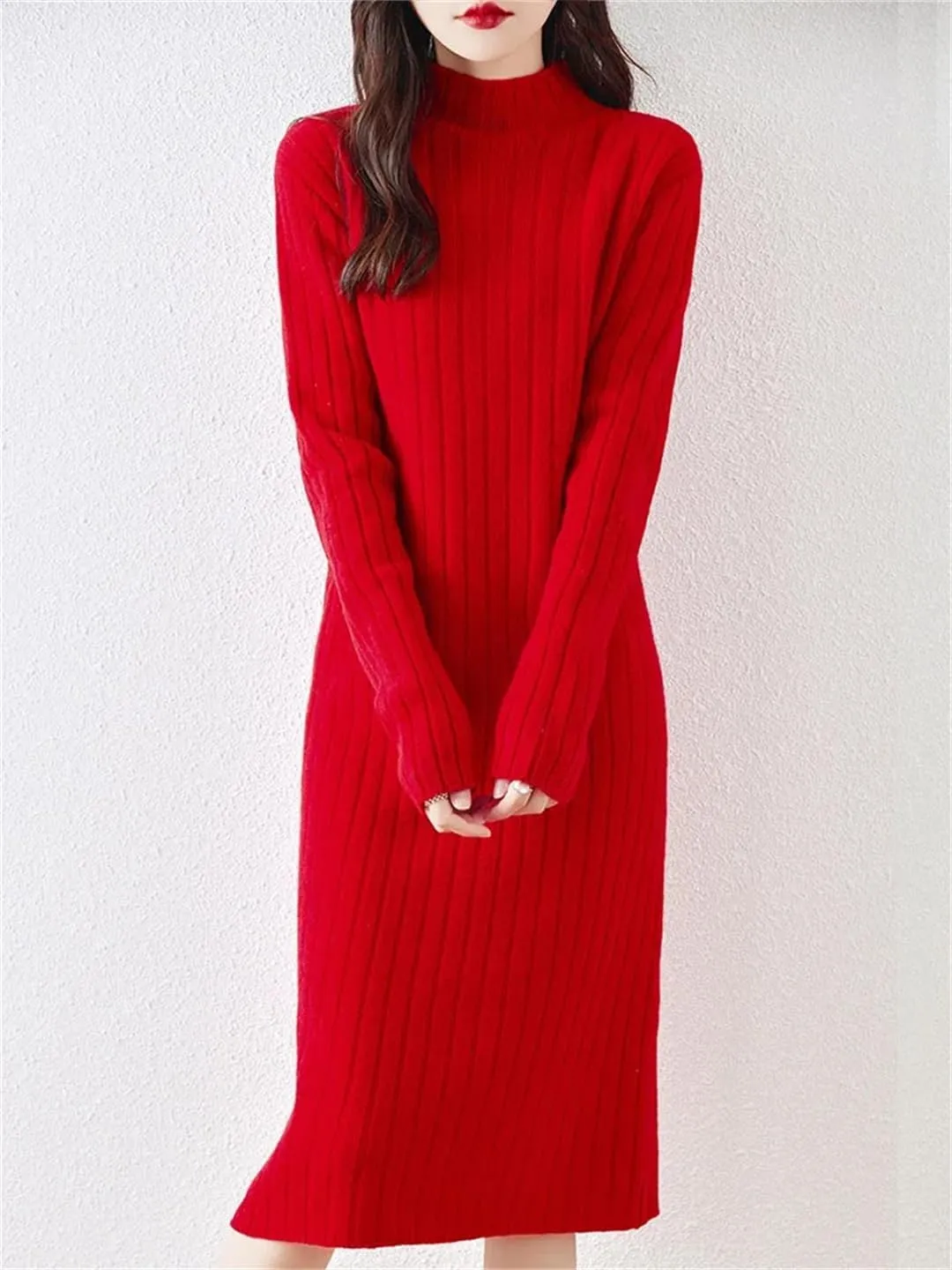 Women's Wool Knit Dress Long Sleeve Turtleneck Solid Straight Midi Sweaters Dresses