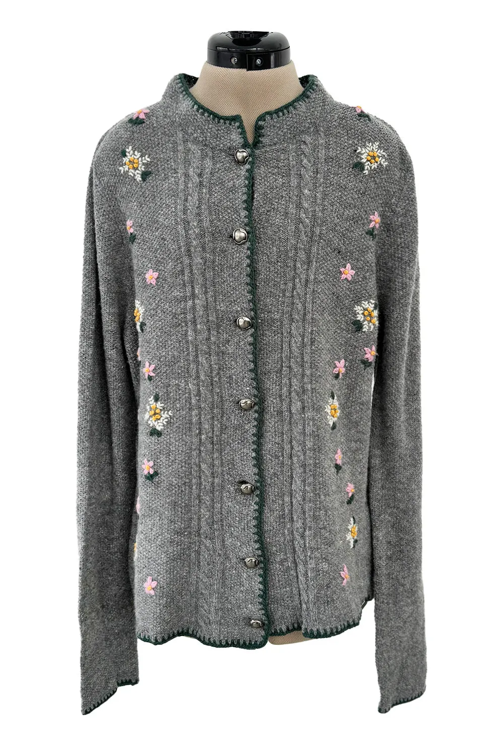 Wonderful 1980s Moser Deep Grey Colour Hand Knit Cardigan Sweater w Floral Details & Metal Buttons
