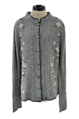 Wonderful 1980s Moser Deep Grey Colour Hand Knit Cardigan Sweater w Floral Details & Metal Buttons
