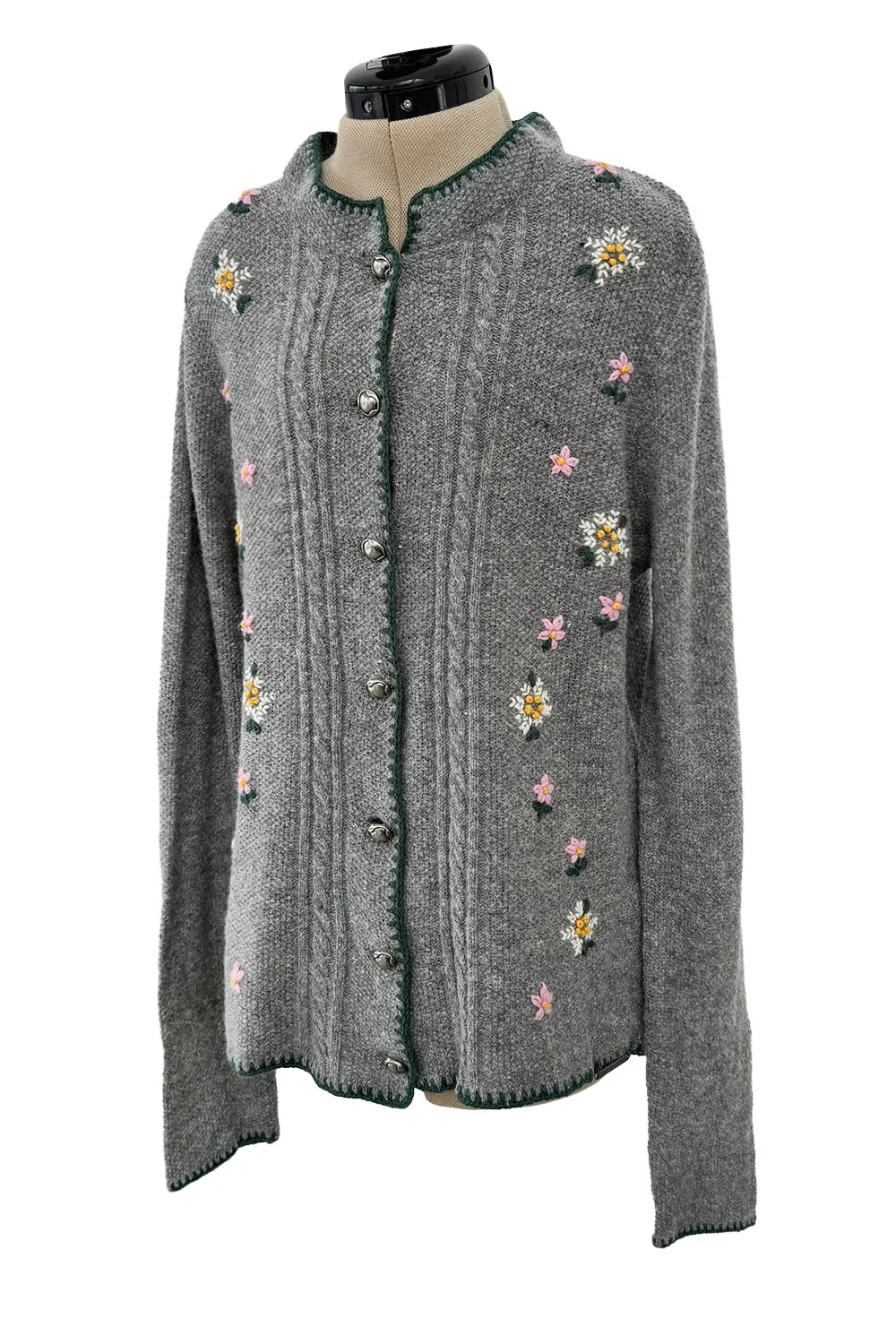 Wonderful 1980s Moser Deep Grey Colour Hand Knit Cardigan Sweater w Floral Details & Metal Buttons