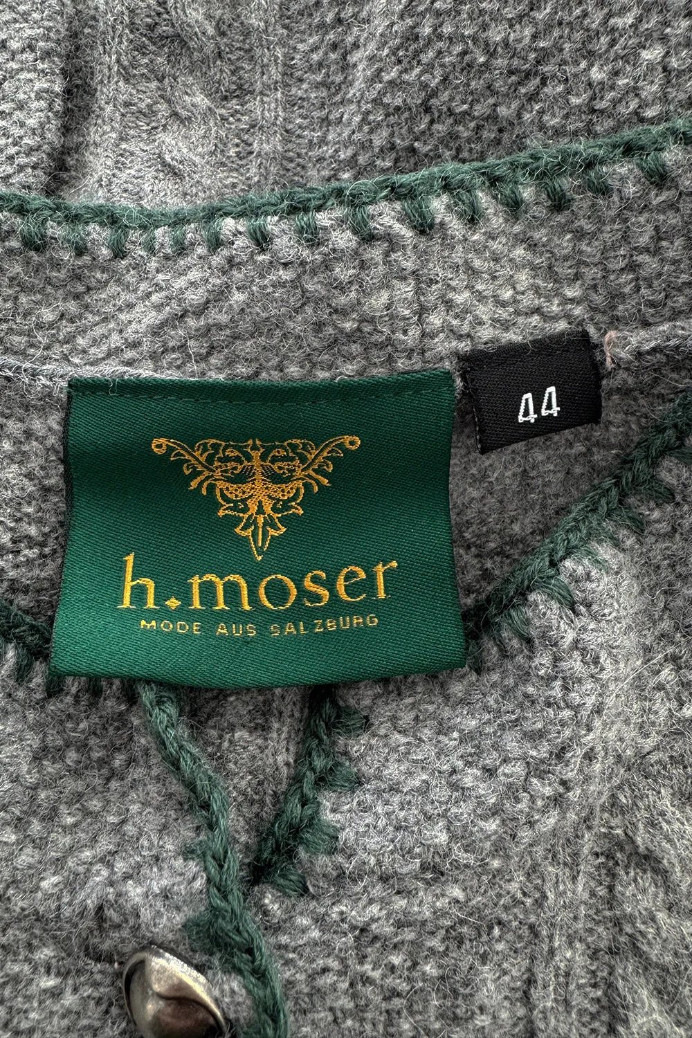 Wonderful 1980s Moser Deep Grey Colour Hand Knit Cardigan Sweater w Floral Details & Metal Buttons
