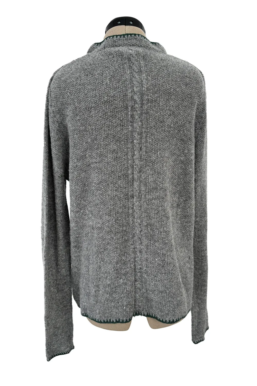 Wonderful 1980s Moser Deep Grey Colour Hand Knit Cardigan Sweater w Floral Details & Metal Buttons
