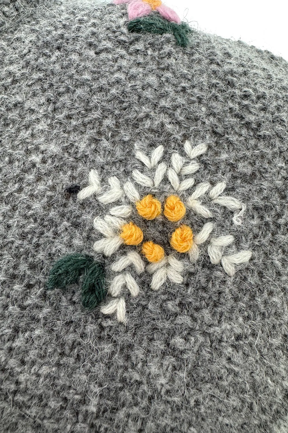 Wonderful 1980s Moser Deep Grey Colour Hand Knit Cardigan Sweater w Floral Details & Metal Buttons