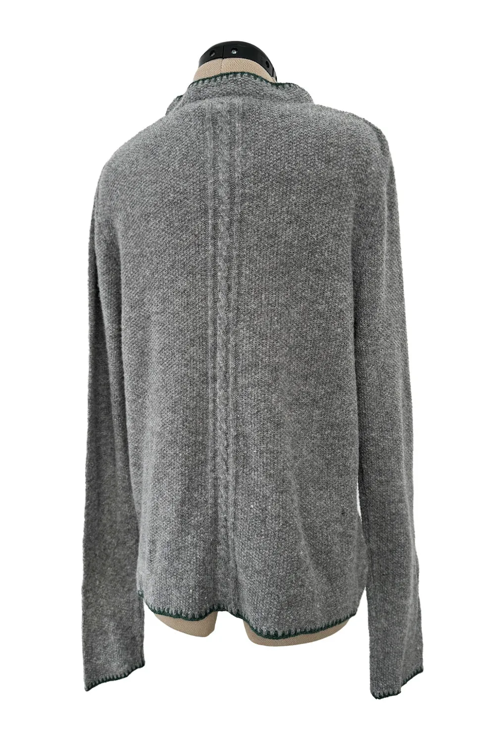 Wonderful 1980s Moser Deep Grey Colour Hand Knit Cardigan Sweater w Floral Details & Metal Buttons