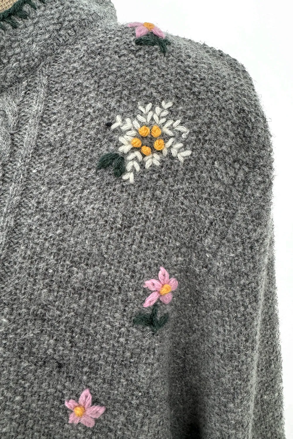 Wonderful 1980s Moser Deep Grey Colour Hand Knit Cardigan Sweater w Floral Details & Metal Buttons