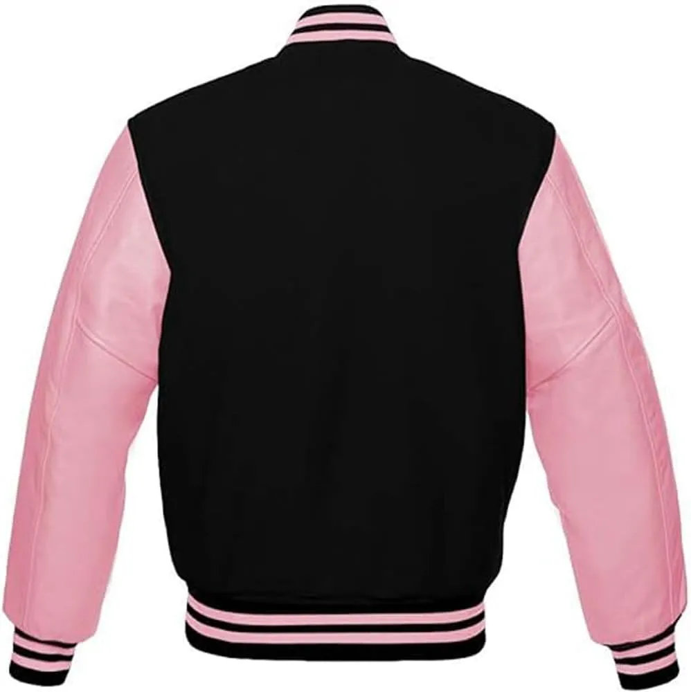 Zaine Enterprises Varsity Letterman Bomber Black Wool & Genuine Baby Pink Leather Sleeves Jacket